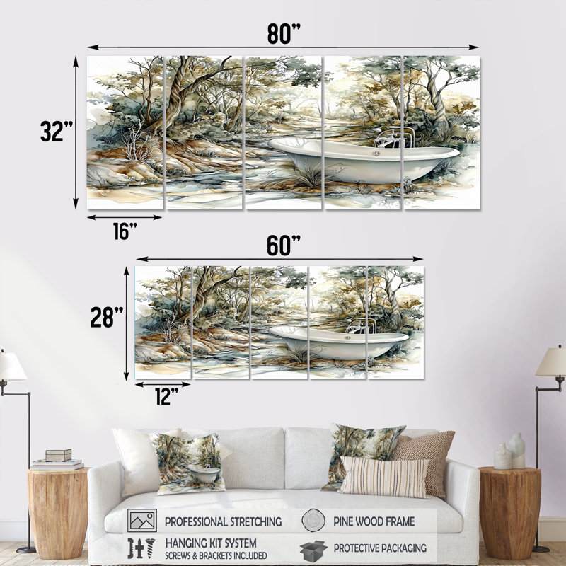 «Green and Brown Forest Bath Retreat», ensemble d'art mural de salle de bain, H 32 po x l 80 po
