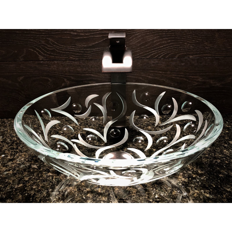 Crystal Clear Round Glass Vessel Bathroom Sink with Engraved Design