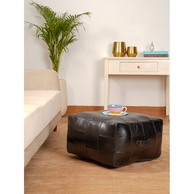 Solid Handmade Buffalo Leather Square Pouf (Recycled Foam With Fibre Fill), Black Genuine Leather, 15" H x 24" W x 26" D