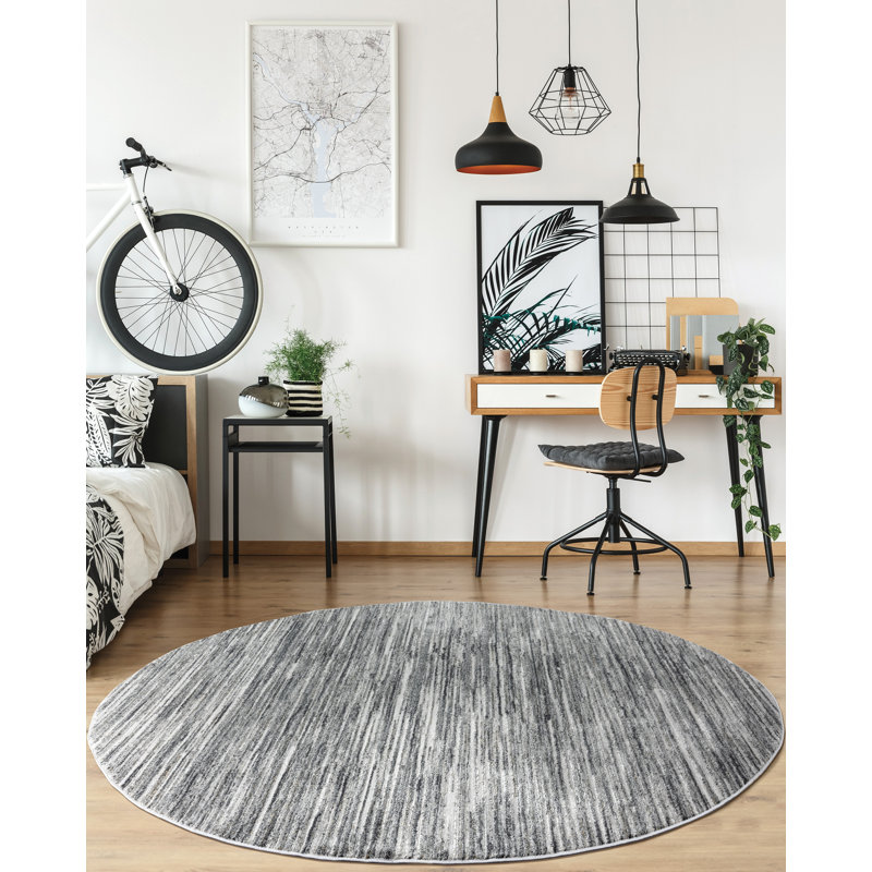 Tapis gris à rayures, Rond 7 pi 10 po