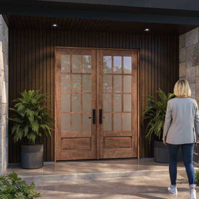 G7512-SW-96 | 96" Double Door, RTA Prehung Exterior, SDL 12 Lite 3/4 Lite, 1 Panel, Unfinished Mahogany Wood