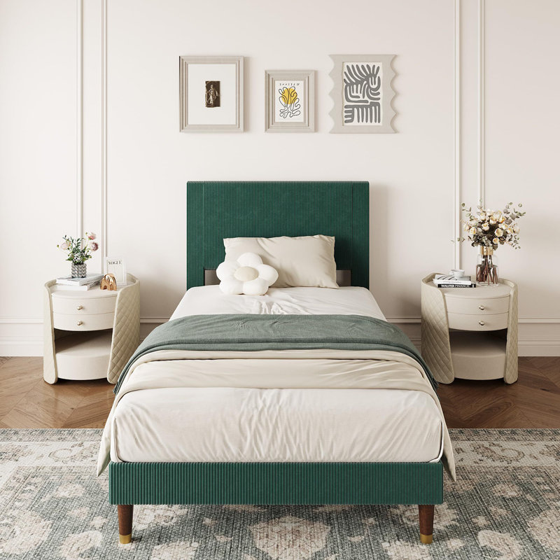Upholstered Platform Bed Frame,  Fabric Headboard And Wooden Slats, Twin, Dark Green