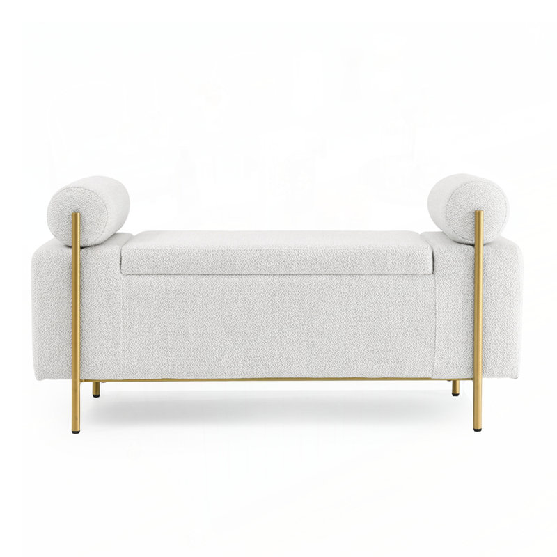 Upholstered Storage Bench, White, Solid Wood
