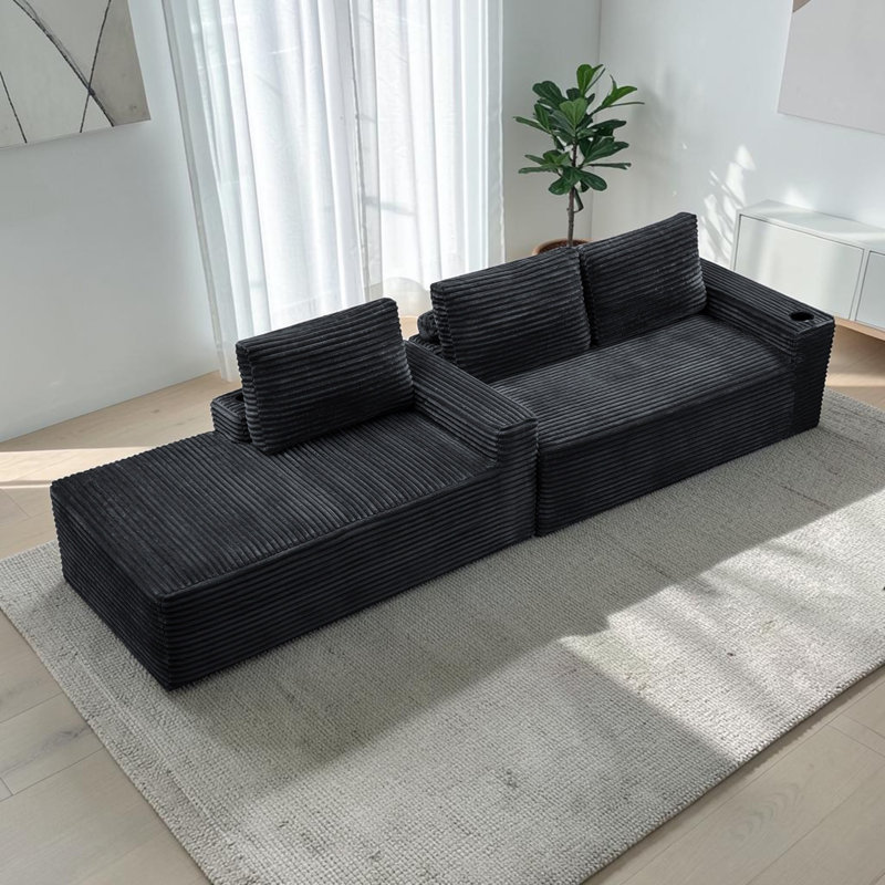 Canapé modulaire l 96 po avec siège profond Wilroy, canapé désossé en velours côtelé avec méridienne gauche en L, emballage de compression et aucun assemblage requis