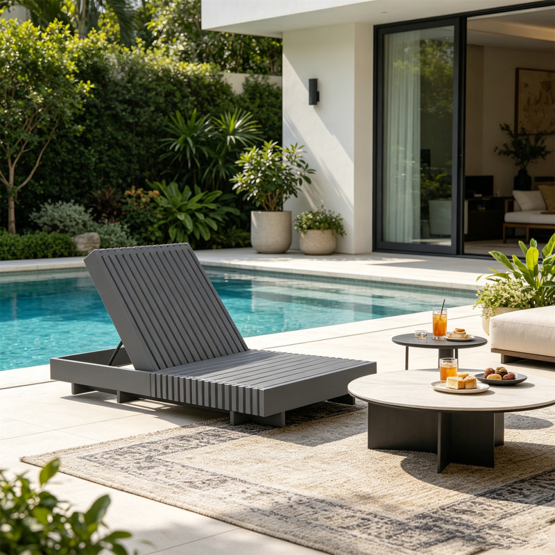 Modern Dark Gray Acacia Solid Wood Outdoor Chaise Lounge - Adjustable Reclining Sun Lounger For Patio, Deck, Garden, Poolside Use