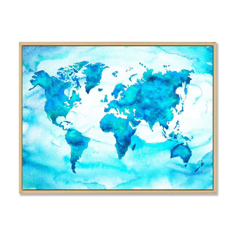 " World Map Tone II ", 30" H x 40" W x 1.5" D, Natural Floater Framed