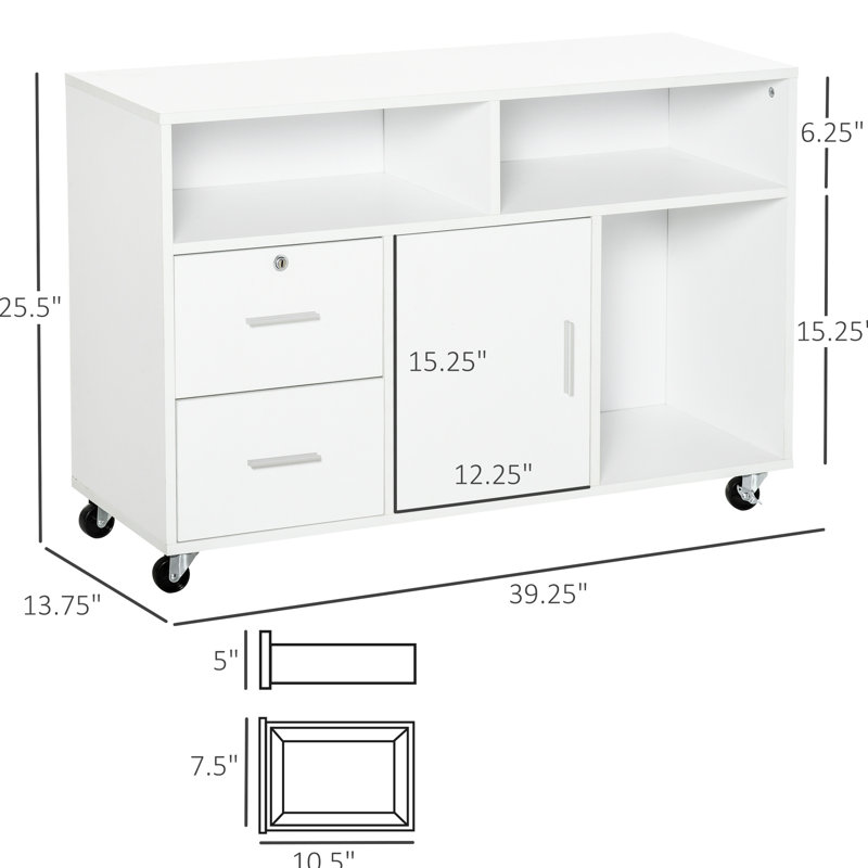 Printer Stand For Office Space - White Mobile Cabinet Organizer With Caster Wheels, 2 Locking Breaks, Drawer, And 3 Shelves Keeping Supplies Organized Wheels Featuring Organizing Magazines Pens
