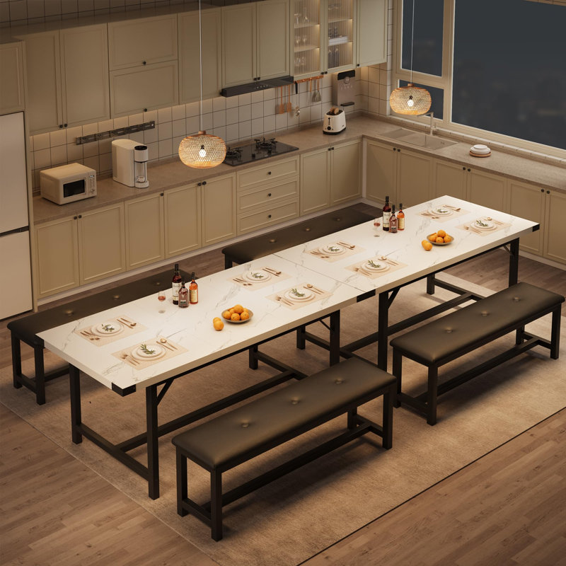 Dining Table Set for 4-6, 63" Extendable Wood Dining Room Table with Corner Protector & 2 Upholstered Benches, Kitchen Table Set for Apartment, Small Space, Easy Assembly