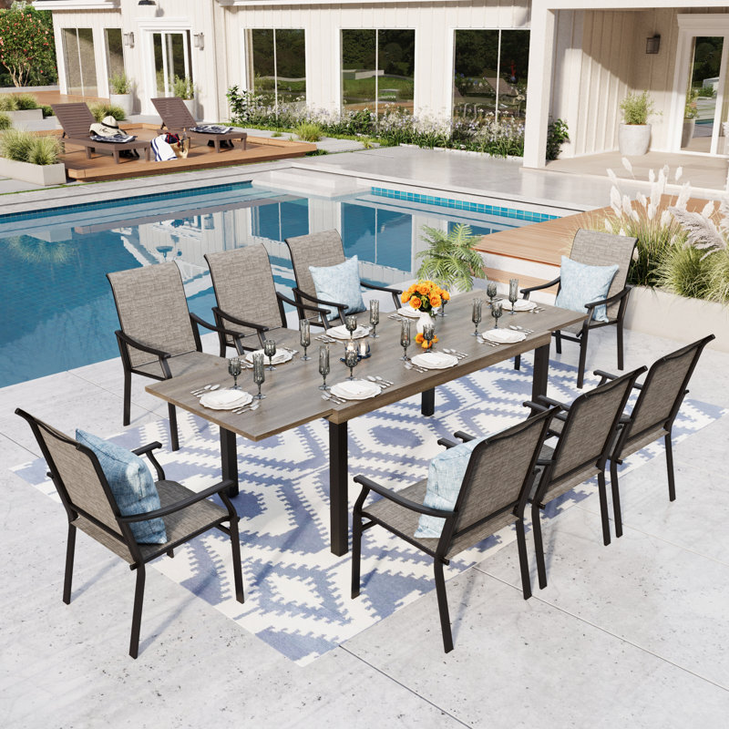 9pcs Rectangle Outdoor Patio Dining Set Wooden-look Expandable Heavy Duty Table With Sling Chairs