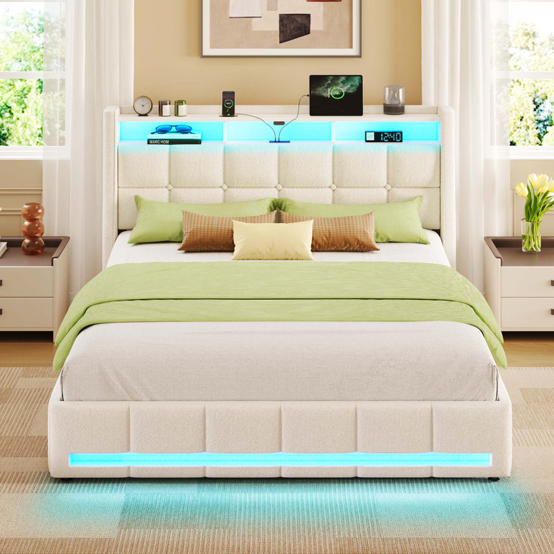 Upholstered Platform Bed Frame with Wingback Headboard, LED Lights & 4 Storage Drawers, Queen, White, With Drawers