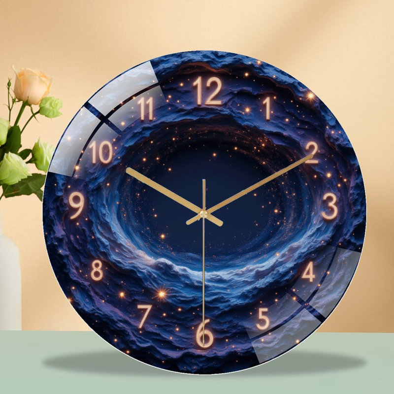 Horloge murale silencieuse en verre trempé de 30 cm, « Thème Galaxie », sans tic-tac, fonctionne avec des piles AA (non incluses), décoration artistique pour la maison