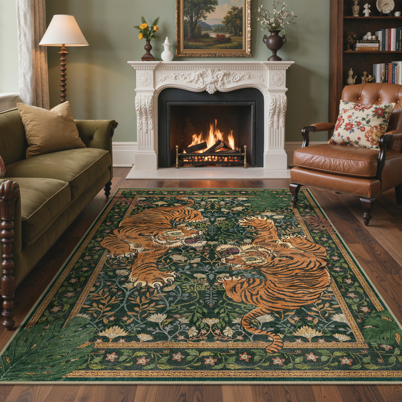 Vintage Machine Washable Fighting Tigers / Forest Green Indoor Area Rug With Non-Slip Backing, Round 5'
