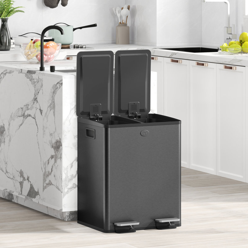 Double poubelle, poubelle 2 x 20 litres avec couvercle à fermeture douce, Noir, noir, noir, noir