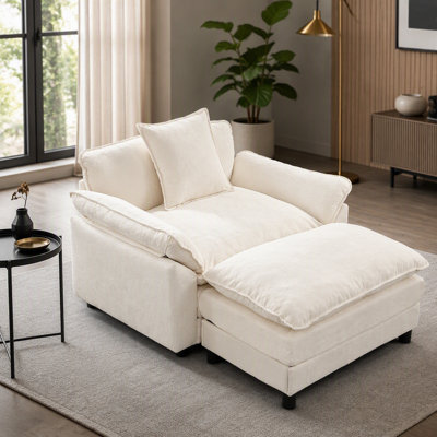 Fauteuil d'appoint rembourré en chenille 44,5 po avec repose-pieds 44,5 po, fauteuil de lecture pour chambre à coucher, chenille beige