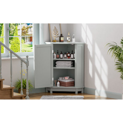 Grey Bathroom Cabinet Triangle Corner Storage Cabinet With Adjustable Shelf Modern Style Mdf Board