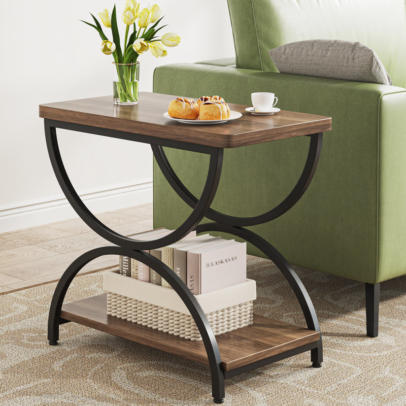 Table de bout rectangulaire à 2 niveaux Tasha avec pieds en métal, Brun, Noir, noir, noir, noir
