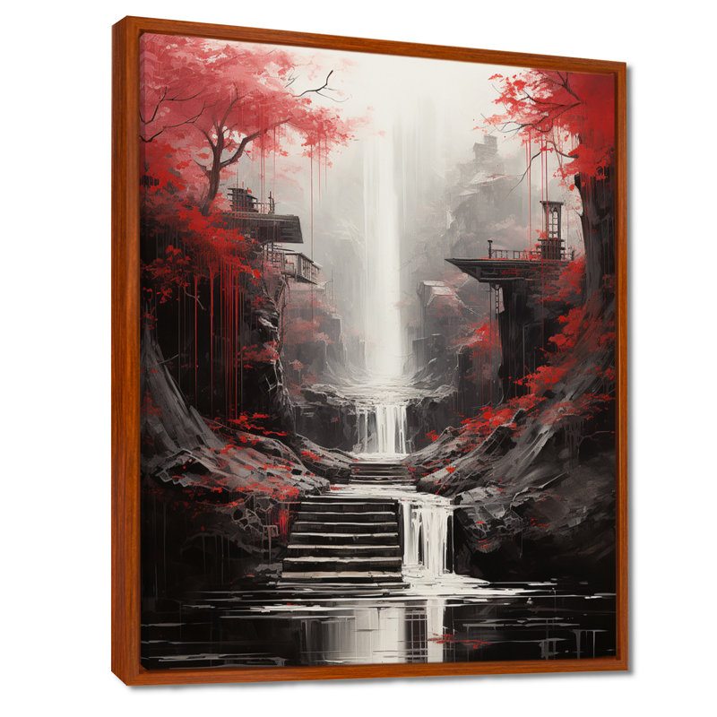 «Red Tree Endless Waterfall Journey», art sur toile, H 32 po x l 24 po x P 1 po, Cadre flottant brun