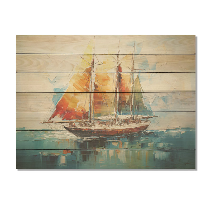 «Moonlight Saiboat Horizon I» - Bateau à voile sur bois, H 10 po x l 20 po