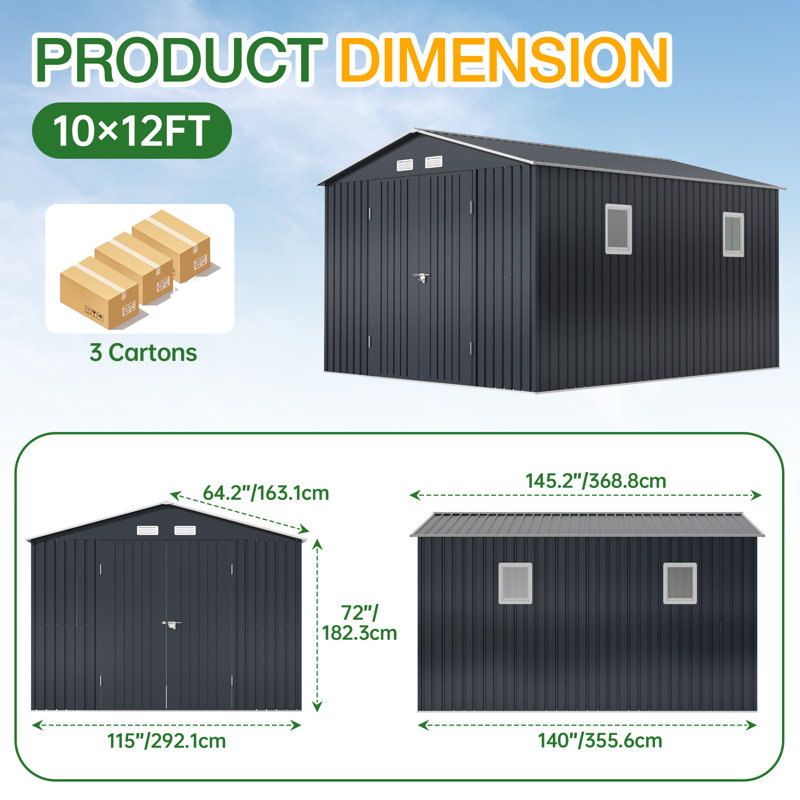 10X12 FT Outdoor Metal Storage Shed with Windows, Black, 10 Ft. W x 12 Ft. D