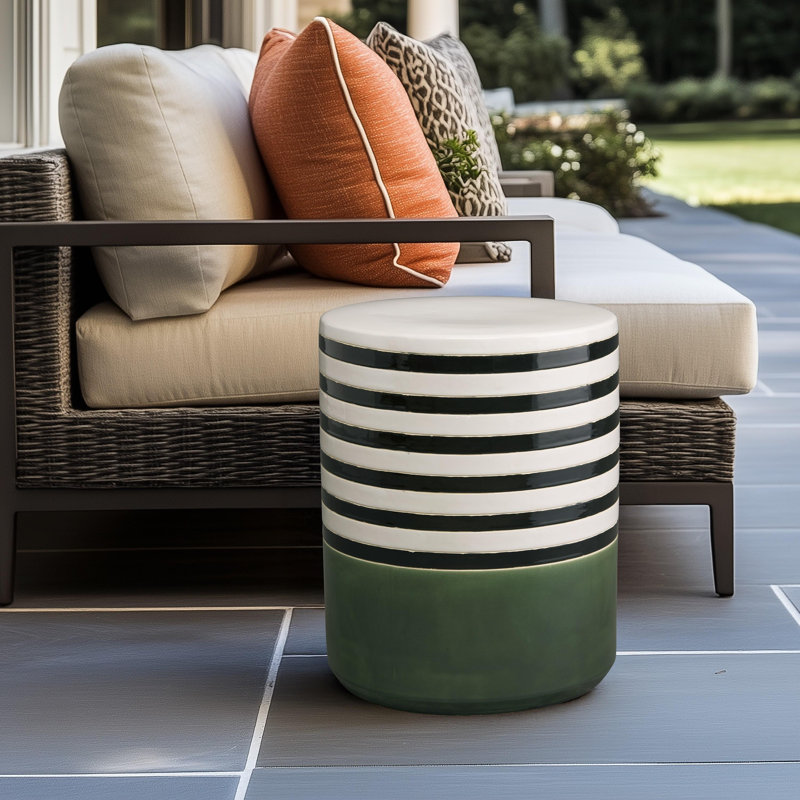 Tabouret de jardin rayé en céramique fabriqué à la main H 18,5 po, Blanc / Vert