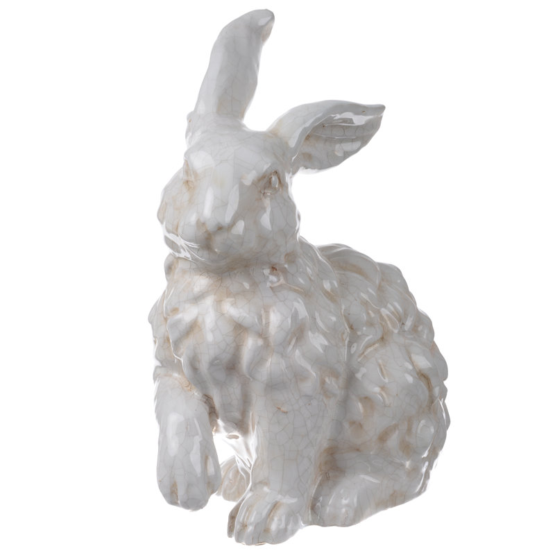 Figurine de lapin 14 po en céramique blanche avec glacis craquelé, statue de lapin décorative avec fourrure texturée pour manteau de cheminée, table, bibliothèque ou bureau 