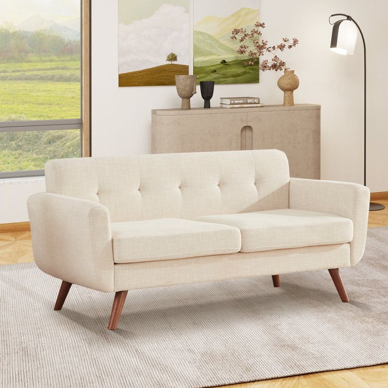 Jadier 66" Upholstered Loveseat Square Sofa, Beige Linen, Solid Wood
