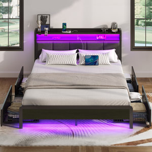 Franzi Bed with Storage Headboard, 4 Storage , Charging Station and LED Lights