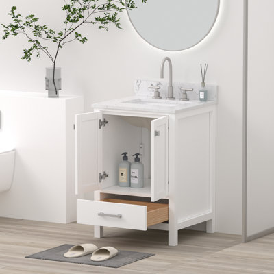 Meuble-lavabo autoportant 24 po en bois massif avec plateau en pierre reconstituée