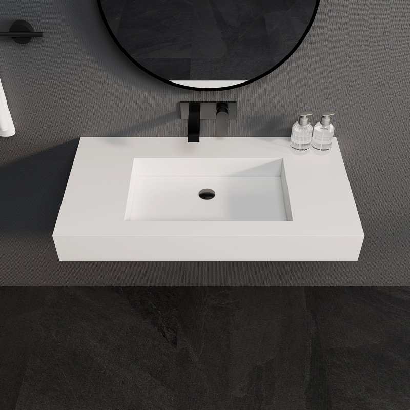 35'' Wall Mounted Rectangular Bathroom Sink Solid Surface Single Sink