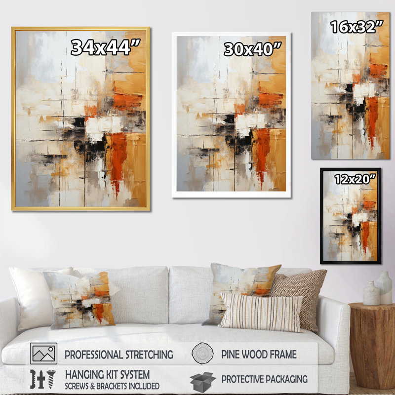 Impressions fractales abstraites orange noir - art mural de grandes fractales, H 40 po x l 30 po, Impression encadrée, Doré