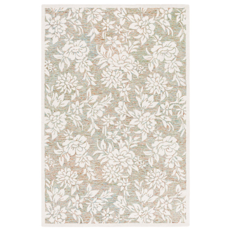 Emilliano 758 Hand Tufted Wool/Cotton Floral Indoor Use Only Rug in Green/Ivory, Square 6'