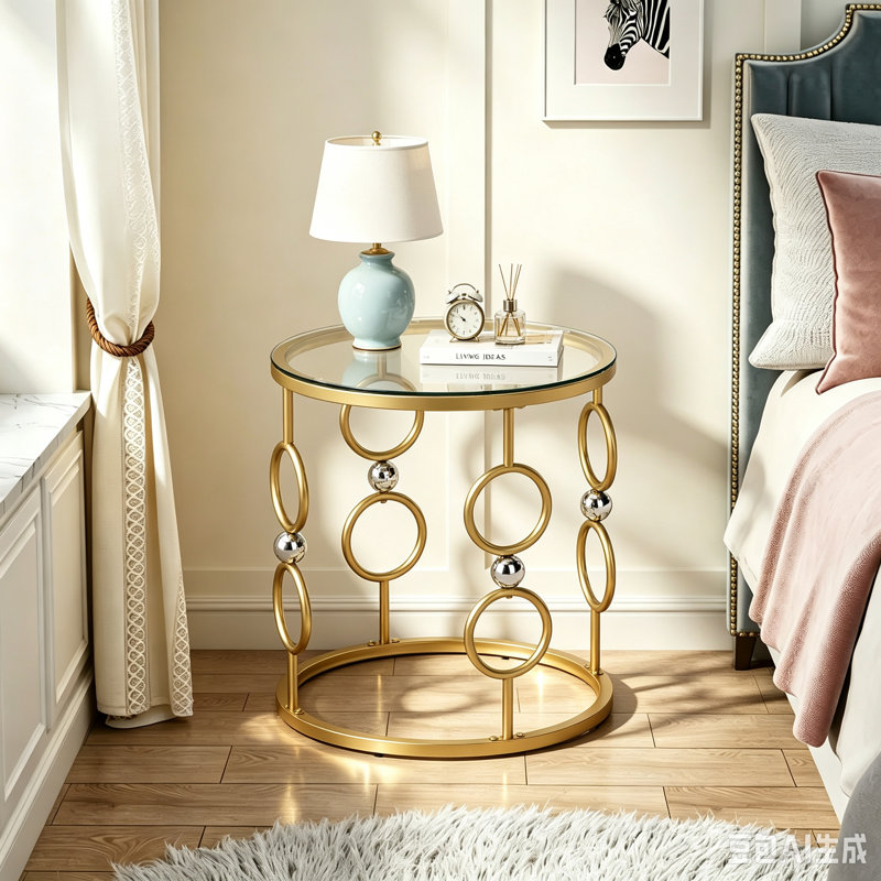 Ensemble de 2 tables de bout en verre, table d'appoint ronde avec cadre en métal pour le salon, le balcon et la chambre à coucher