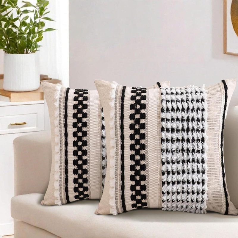 Boho Throw Pillow Covers Set Of 2, Chenille Tufted Farmhouse Striped Chic Modern Art Square Decorative Couch Pillowcases For Home Decor Bedroom Sofa Living Room