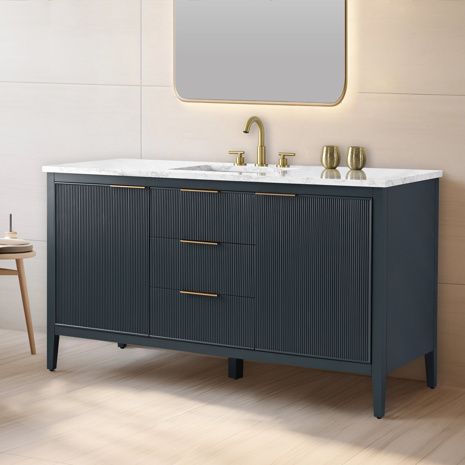 Bilroy 60" Pine Single Bathroom Vanity, Vintage Blue/Brushed Bronze