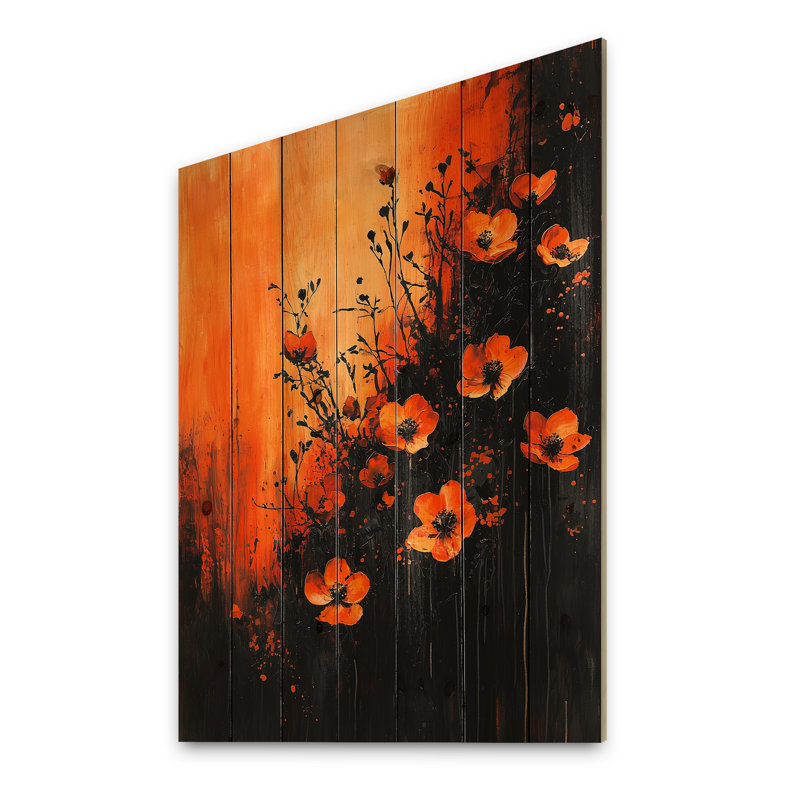 «Burning Wildflowers In Orange Expressionism I» - Décoration murale en bois de fleurs sauvages - sur bois de pin naturel