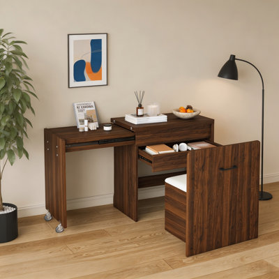 Bureau pliable multifonctionnel en noyer de 119 cm avec miroir et tabouret de rangement, coiffeuse et table d'écriture convertibles 3 en 1 – Gain de place pour chambre et appartement