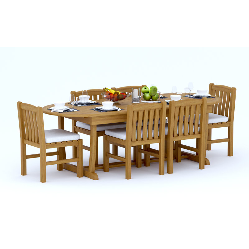 8 Seats 9 Pcs Grade-A Teak Wood Dining Set: 94" Mas Oval Trestle Leg Table And 8 Devon Armless Chairs #11DV2300, 6