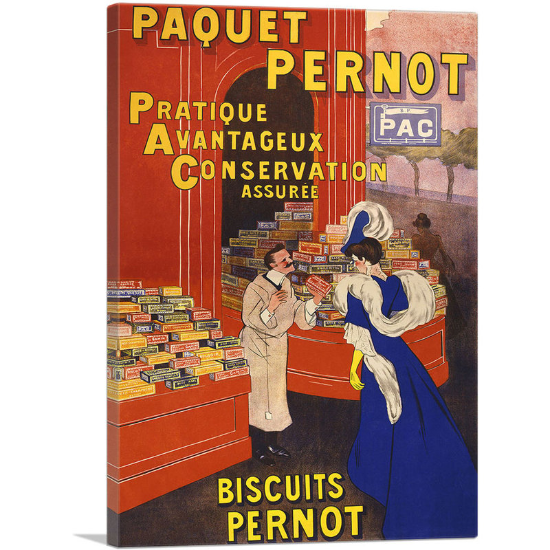 Paquet Pernot Biscuits 1905 par Leonetto Cappiello - reproduction d'art sur toile tendue, H 40 po x l 26 po x P 1,5 po