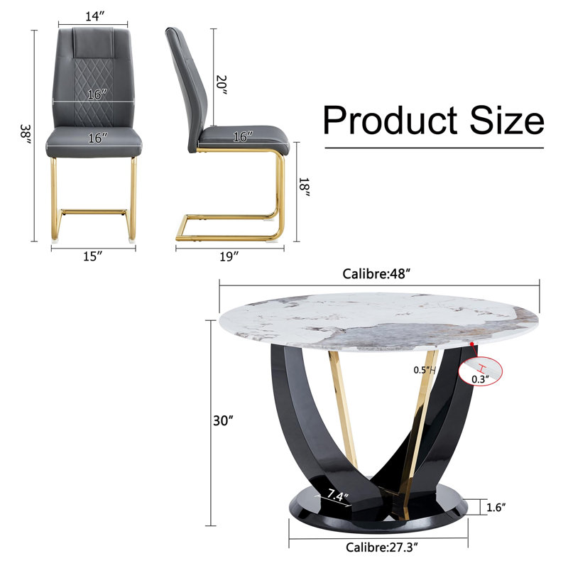 Ensemble de table de salle à manger 48 po pour 6 personnes, ensemble de 6 chaises de table en marbre, table ronde avec pieds en panneau de fibres à densité moyenne noir et structure en métal doré, 6 chaises de salle à manger en polyuréthane doux avec pieds en métal, pour la cuisine, la salle à manger.