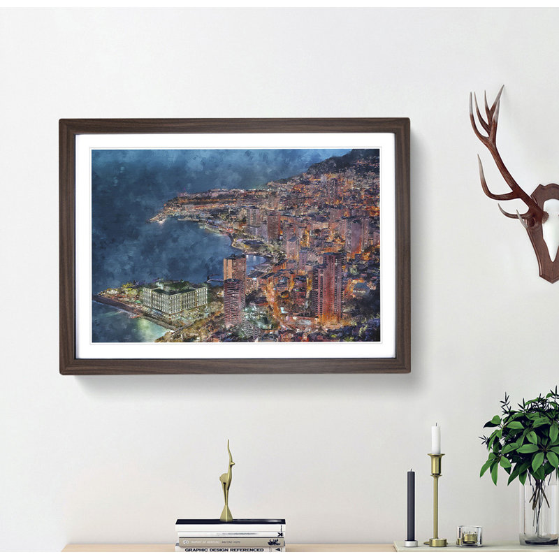 Monte Carlo Skyline in Monaco - Picture Frame Graphic Art Print, 45cm H x 63cm W x 2cm D, Walnut Framed