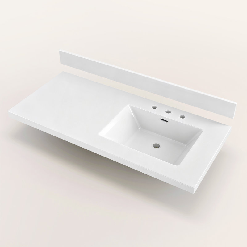 Plan de toilette en surface solide de 107 cm (42 po) de largeur x 53 cm (21 po) de profondeur, avec lavabo intégré à droite, dosseret de 9 cm (3,5 po) et robinet à 3 trous à entraxe de 20 cm (8 po).