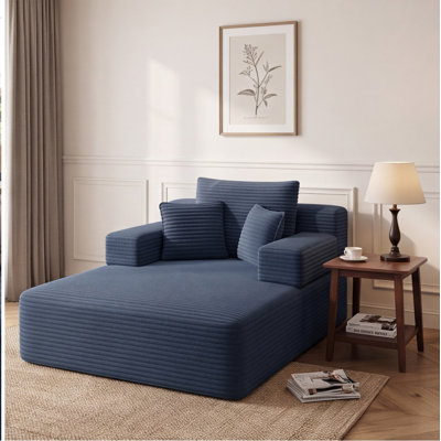 Oversized Plush Corduroy Convertible Chaise Lounge Sofa Bed with Storage Pockets, 6 Pillows, Blue