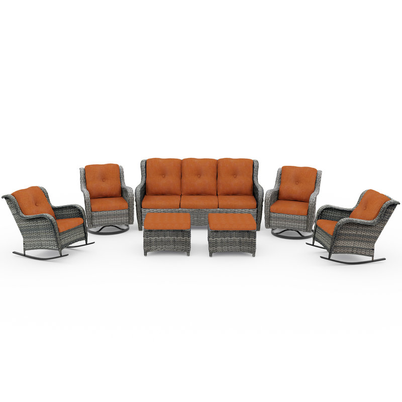 Loreley Wicker 7 - Person Patio Conversation Set with Cushions, Orange