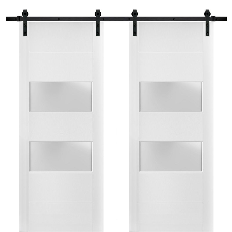 Sturdy Double Barn Door With 2 Lites | Lucia 4010 | 13FT Rail Hangers Heavy Set | Solid Panel Interior Doors-Black Rail