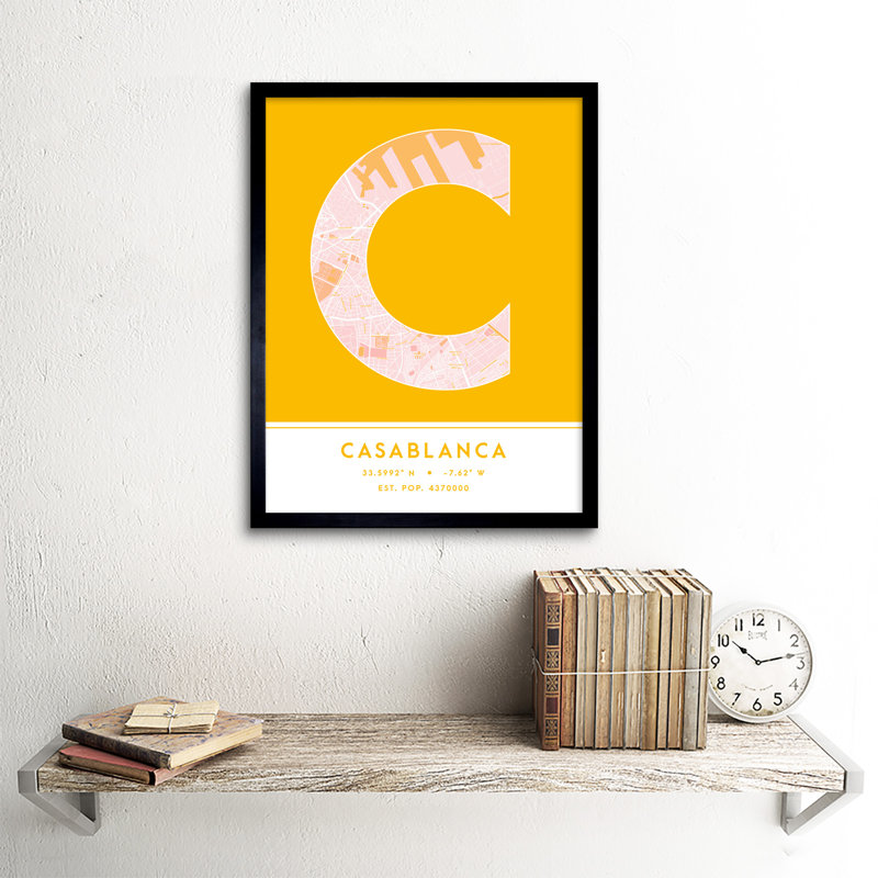 Casablanca Morocco City Map Yellow - Single Picture Frame Typography
