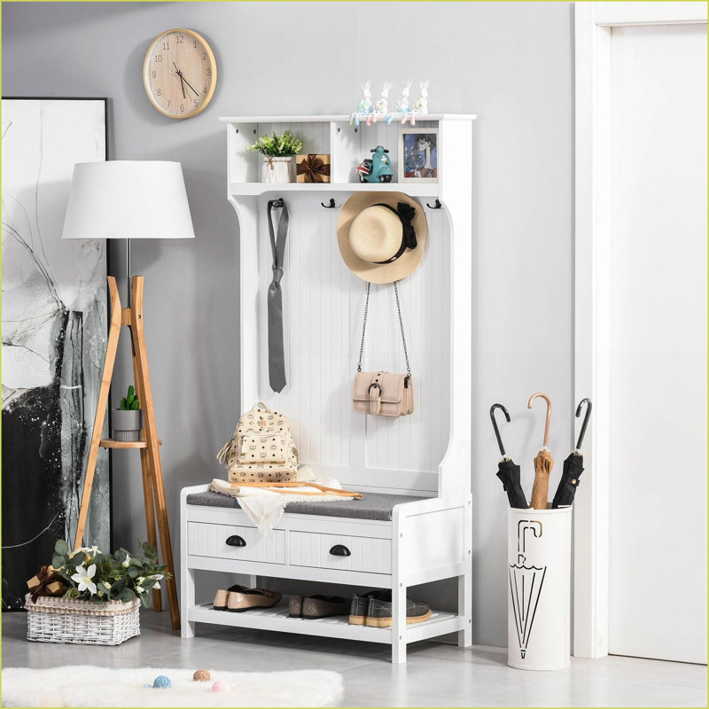 Coat Rack 3-in-1 Hall Tree with Bench, Shoe Rack, 2 Drawers, 4 Hooks | White | MDF