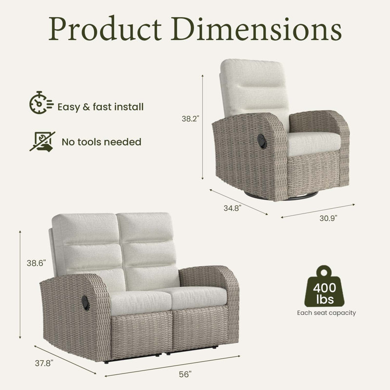 Oversized Wicker Outdoor Reclining Loveseat Sofa Set, 2-seater Recliner Couch With 6" Cushions, Gray, Beige