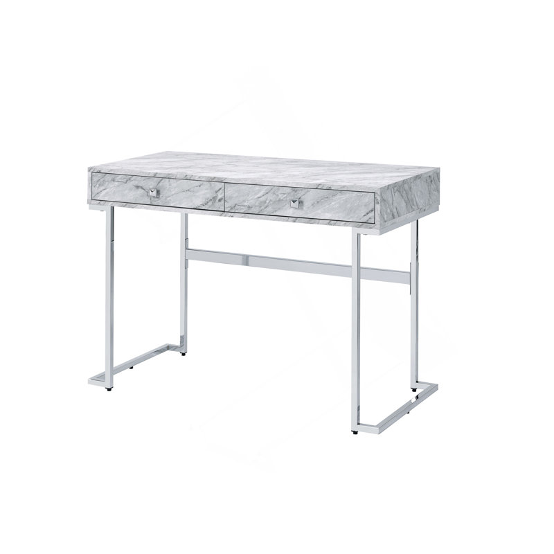 Bureau moderne avec plateau en faux marbre et finition chromée pour des espaces de travail élégants et organisés.