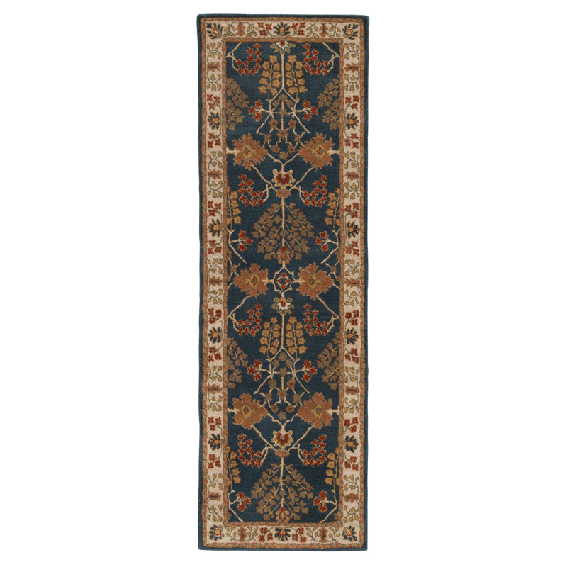 Poeme Wool Area Rug in Dark Blue/Cream/Orange, Runner 2'6" x 8'