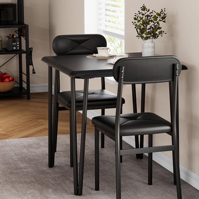 Petit ensemble de table de salle à manger 3 pièces, table en métal et panneau de fibres à densité moyenne avec chaises rembourrées, 2 places, style moderne pour la cuisine, la salle à manger, l’appartement